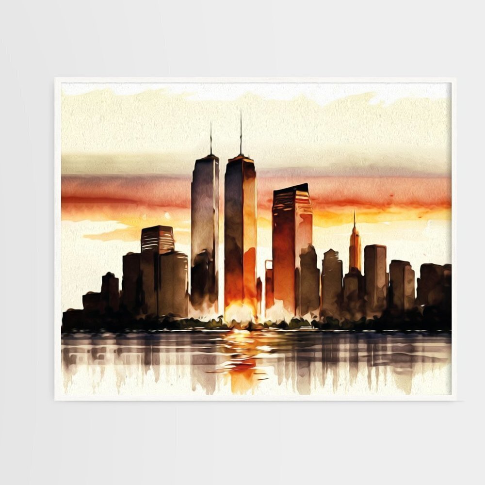 20x30 Twin Towers New York City Pre 911 Sunset Watercolor Oil Painting Art Print
